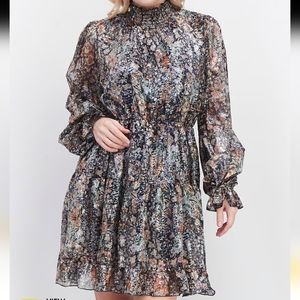 ♧♧ O.P.T. Metallic Print High Neck Navy Mini Dress Size Medium NWT